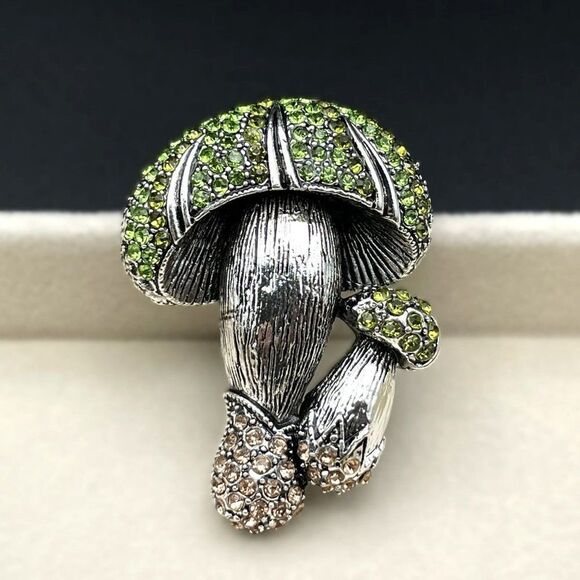 Silver with Emerald and Champagne Topaz Crystal Double Mushroom Pin Back Brooch - Picture 3 of 7